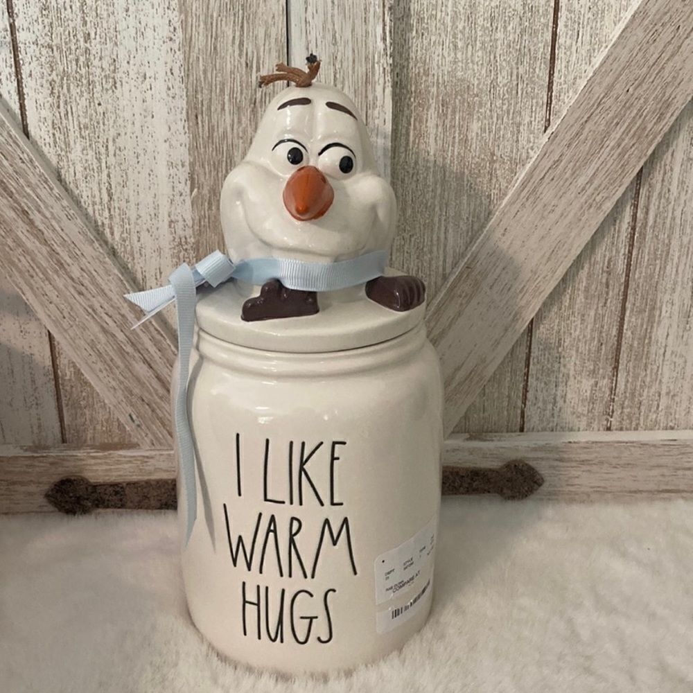 NWT Rae Dunn Disney Frozen Olaf” I lLIKE WARM HUGS”White Black Canister with Lid
